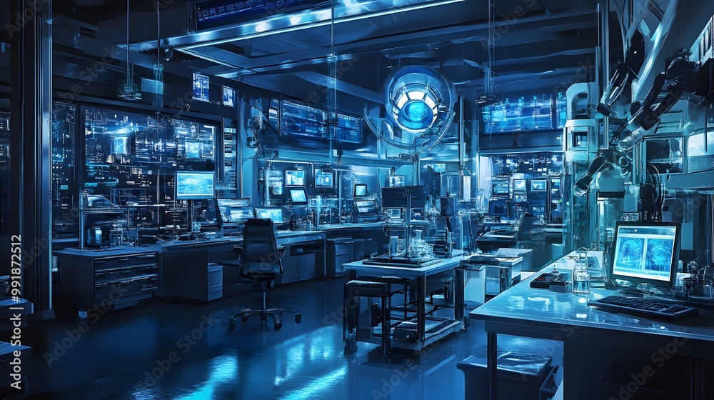 Futuristic Sci-Fi Laboratory Interior with Blue Lighting and Monitors Futuristic Sci-Fi Laboratory Interior with Blue Lighting and Monitors