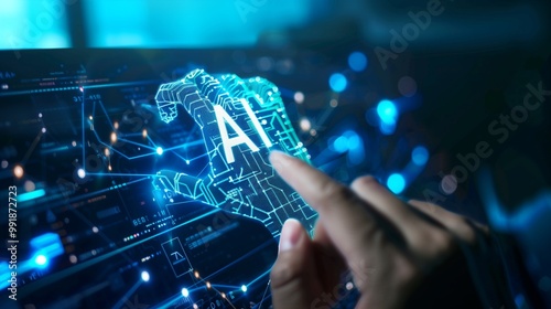 A person is holding a blue screen with the word AI on it