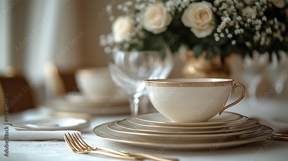 Elegant white teacup and saucer with gold trim on a white tablecloth with a bouquet of white roses in the background. Elegant white teacup and saucer with gold trim on a white tablecloth with a bouquet of white roses in the background.