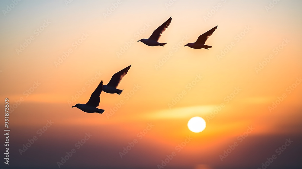 Fototapeta premium Four seagulls flying in sunset sky, beautiful orange and blue gradient, serene nature scene, peaceful ocean horizon, tranquil sunset view, birds soaring, freedom and beauty, calm sea
