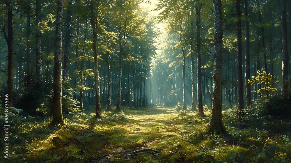 Fototapeta premium A sunlit path through a dense, green forest with tall trees and lush undergrowth.
