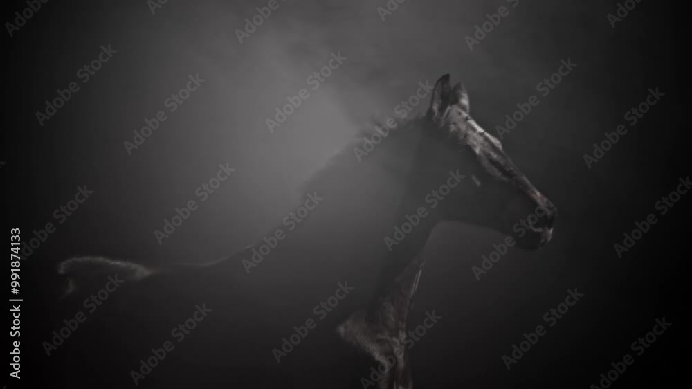 Slow motion medium tracking shot of a dark horse running in the misty night on a black background. Shot in Slovenia.
