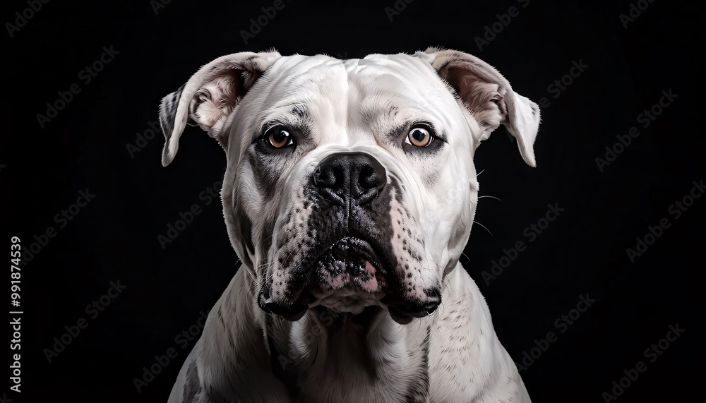 A black and white photorealism American Bulldog isolated on a black background. copy space. A black and white photorealism American Bulldog isolated on a black background. copy space.