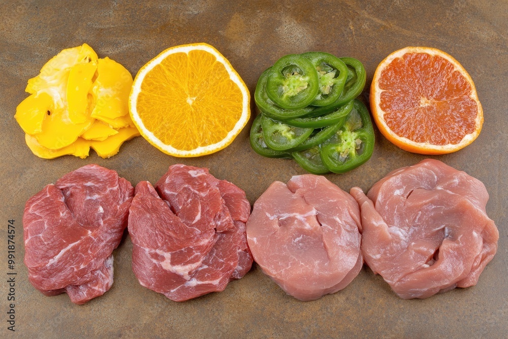 Assorted citrus, peppers, and raw meats on brown surface Assorted citrus, peppers, and raw meats on brown surface