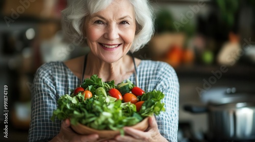 joyful senior woman holding fresh vegetable salad healthy eating lifestyle concept