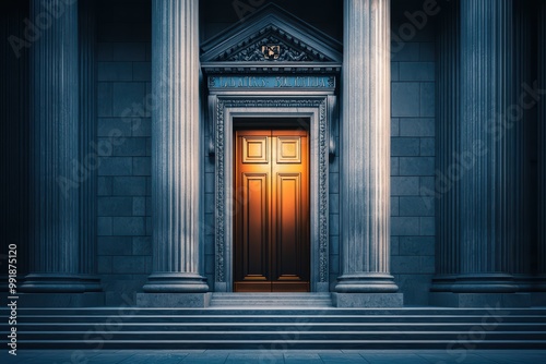 Grand entrance door with ornate columns, illuminated warmly, set against a dramatic architectural backdrop.