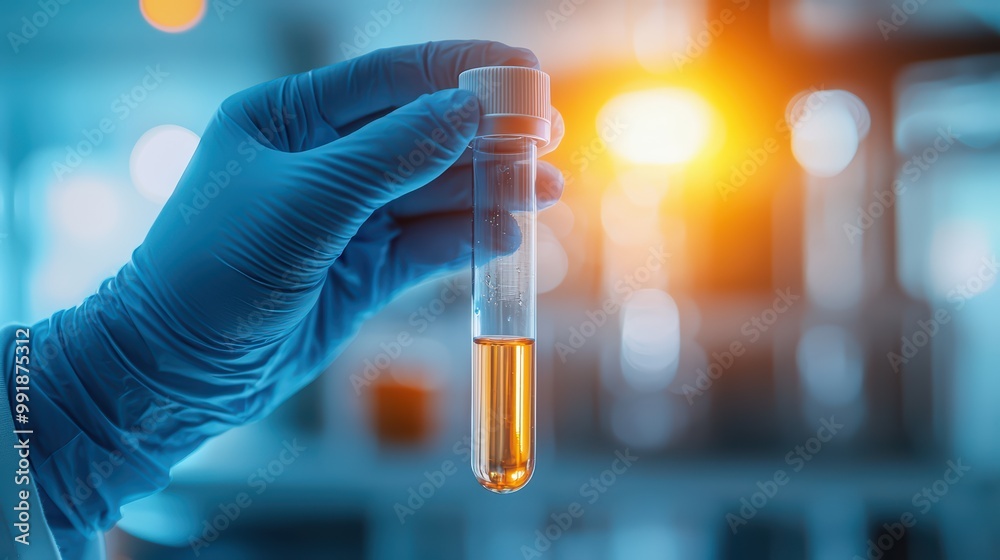 Hand holding a test tube with orange liquid, blue tinted laboratory background.