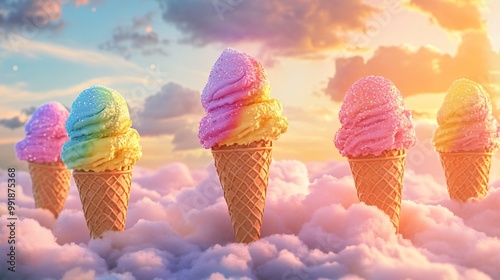 Five ice cream cones with different colored ice cream flavors sitting on fluffy clouds against a pastel sunset sky.
