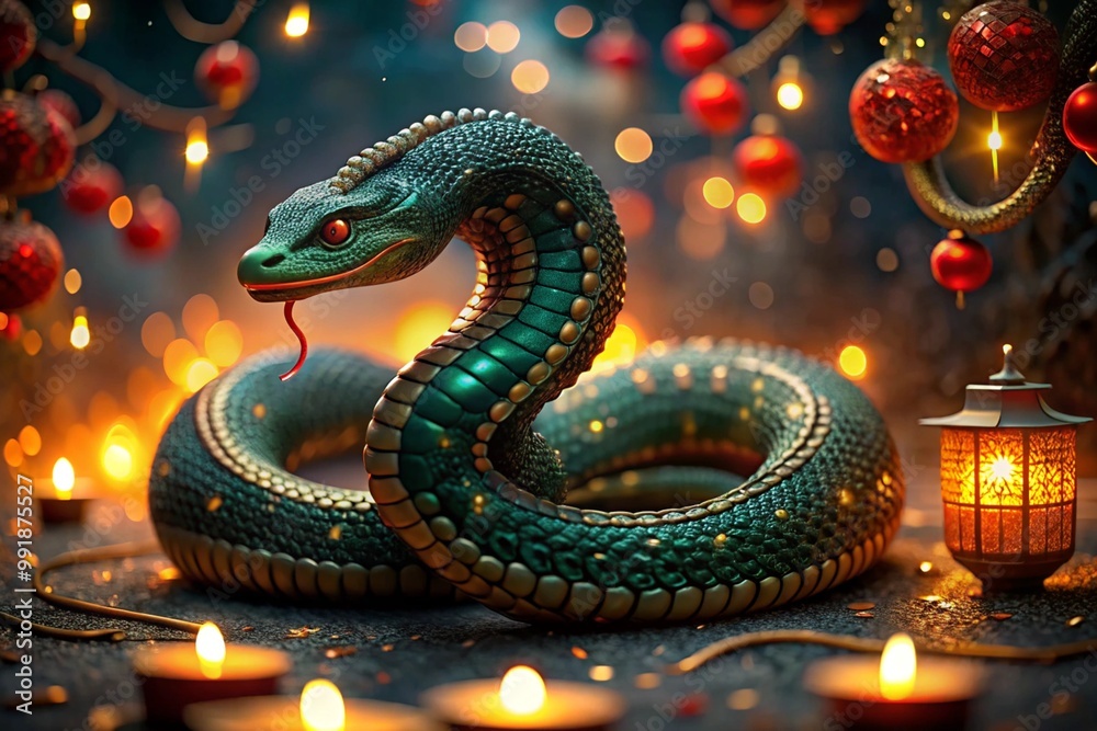 Chinese horoscope. Happy New Year 2025. The symbol of the year is a green snake on a background of red Chinese lanterns. A poster or banner for a party and New Year's Eve. Chinese horoscope. Happy New Year 2025. The symbol of the year is a green snake on a background of red Chinese lanterns. A poster or banner for a party and New Year's Eve.