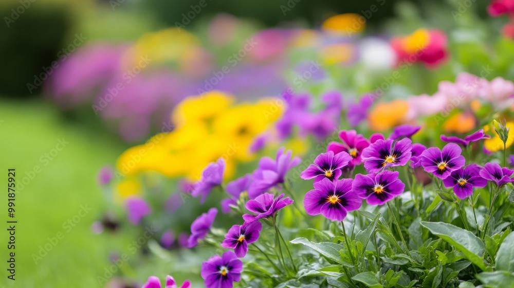 Fototapeta premium Vibrant garden blooms with purple and yellow flowers in a sunny outdoor setting during spring