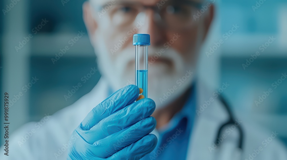 Laboratory scientist holding a test tube with blue liquid, wearing gloves, in a modern lab setting. Laboratory scientist holding a test tube with blue liquid, wearing gloves, in a modern lab setting.
