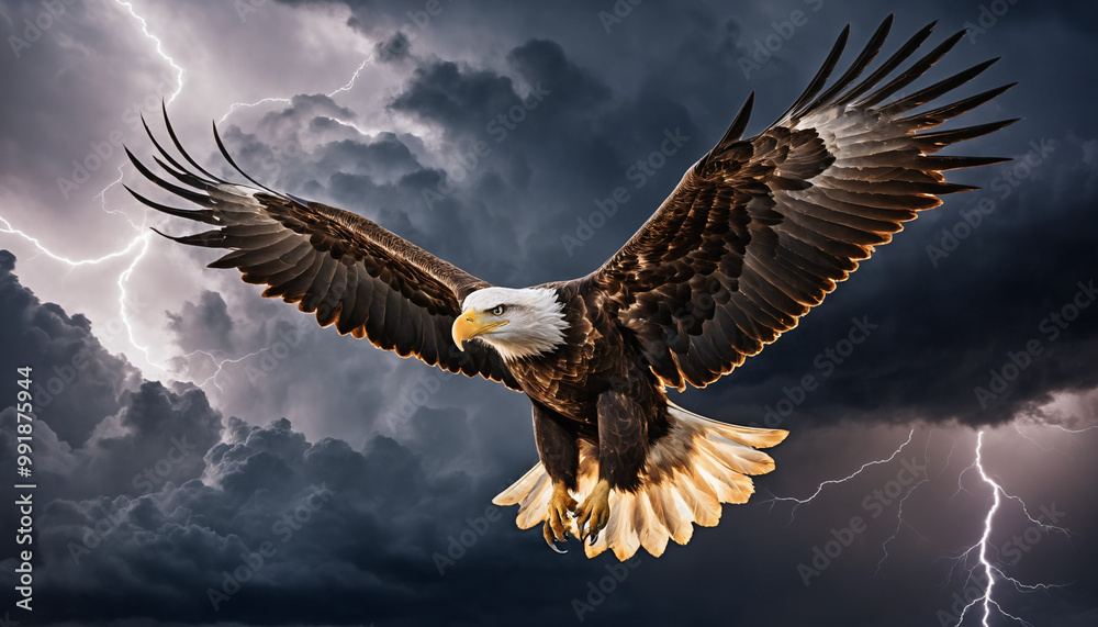 Fototapeta premium Grand aigle marron vol bec jaune vol ciel orage tonnerre éclair gris.