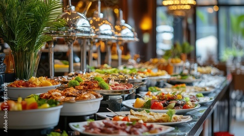 lavish catering buffet showcasing variety of gourmet dishes focus on succulent grilled meats elegant table setting in upscale restaurant interior