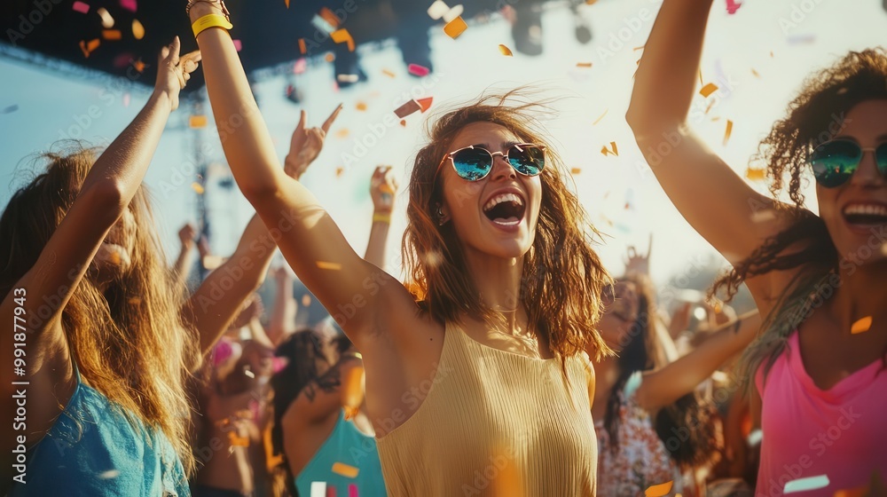Fototapeta premium lively music festival scene with a diverse group of friends dancing and celebrating vibrant stage lights colorful outfits and a palpable energy fill the frame