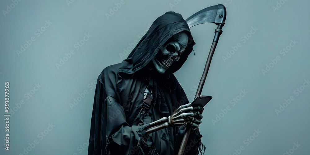 Naklejka premium Muerte o flaca calavera con guadaña y capucha negra mirando su teléfono 