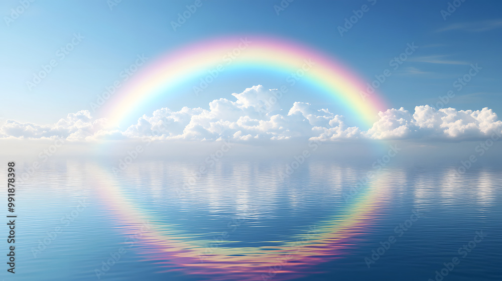 Vivid Rainbow Reflecting Over Calm Lake Vivid Rainbow Reflecting Over Calm Lake