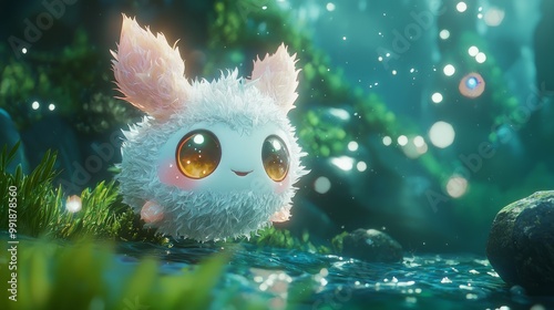 Adorable Kawaii Japanese Mythical Creature Exploring Enchanting Underwater World in Ray Tracing Technology photo