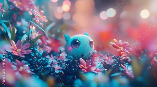 Adorable Kawaii Japanese Mythical Creature Playing in Whimsical Garden with Ray Tracing Technology photo