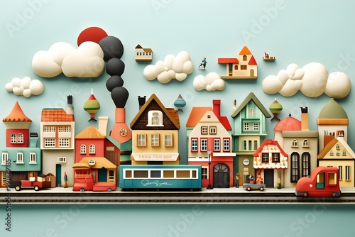 3D illustration of an urban scene, mixing realistic and fantastical elements, bright colors photo