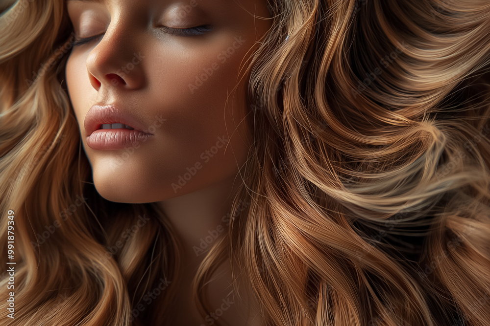The young woman's captivating hair cascades around her face, showcasing soft waves and natural highlights while she appears lost in thought The young woman's captivating hair cascades around her face, showcasing soft waves and natural highlights while she appears lost in thought