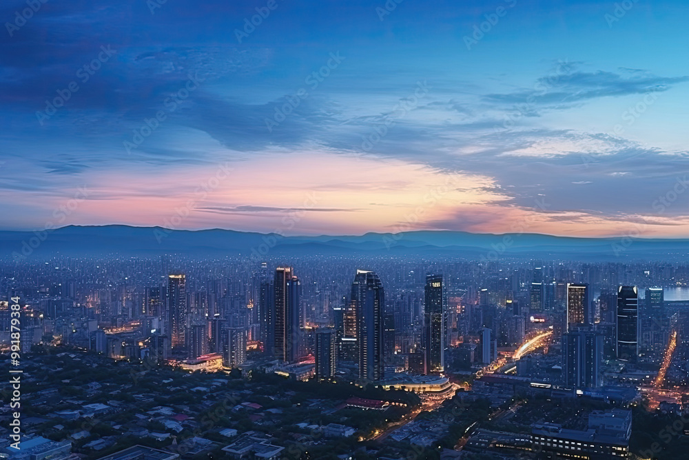 Fototapeta premium Stunning Cityscape at Dusk: Skyscrapers and City Lights