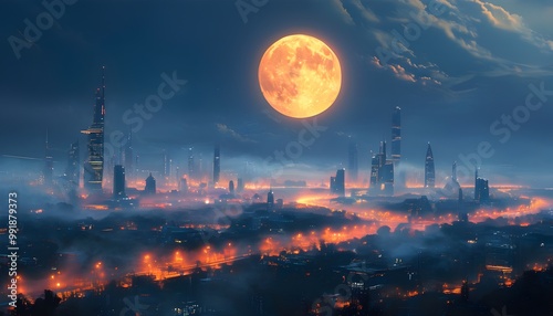 Surreal night scene of a futuristic cityscape illuminated by glowing lights beneath a majestic moon and enveloped in a misty atmosphere