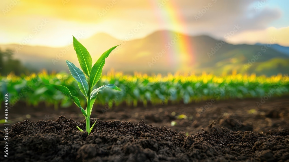 lush cornfield bathed in golden sunlight with tender seedling sprouting from rich soil in foreground misty mountains and vibrant rainbow in background symbolize hope and growth lush cornfield bathed in golden sunlight with tender seedling sprouting from rich soil in foreground misty mountains and vibrant rainbow in background symbolize hope and growth