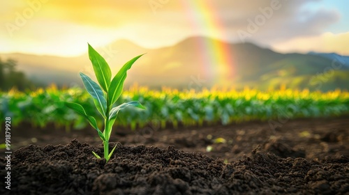 Wallpaper Mural lush cornfield bathed in golden sunlight with tender seedling sprouting from rich soil in foreground misty mountains and vibrant rainbow in background symbolize hope and growth Torontodigital.ca