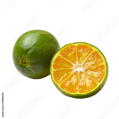  Citrus Fruits - Calamondin. A single Calamondin fruit cut in half, showing the interior, isolated on transparent backdrop.
