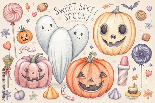 Vector Halloween set of cute pumpkins and Halloween decorations. Holiday background with carving pumpkins, ghost, Halloween candies and text “Sweet and spooky”. Cartoon characters. Sticker sheet.