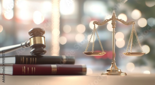 Legal gavel and scales of justice on a table with soft bokeh background in an office setting photo