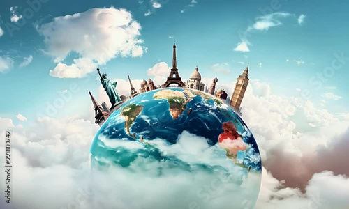 4K animation of a travel journey around the world, showcasing famous landmarks like the Eiffel Tower, Statue of Liberty, and Taj Mahal on a globe. The trip around the world and tourism concepts.