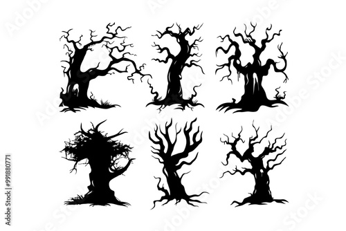 Silhouettes of Halloween trees, all of which are dark and twisted on white background. Vector