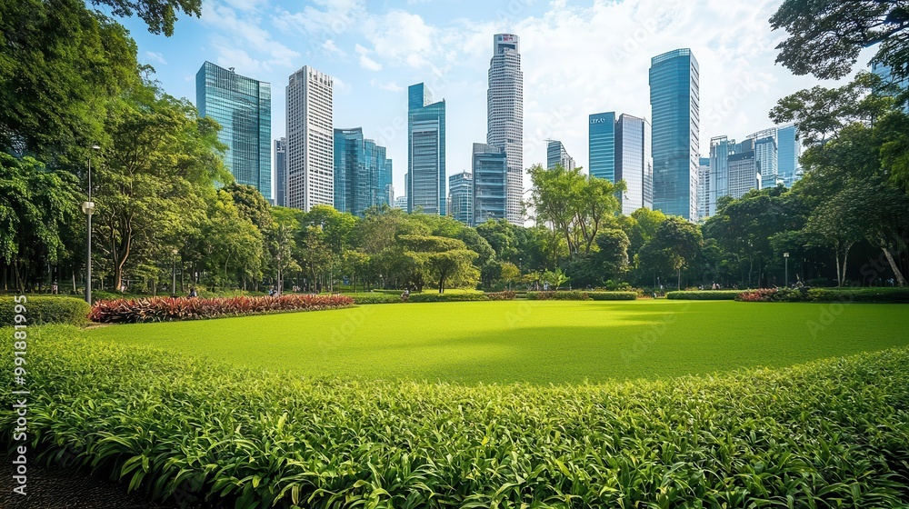 Obraz premium lush green urban park with manicured lawn framed by modern city skyline serene oasis contrasts with bustling metropolis in background