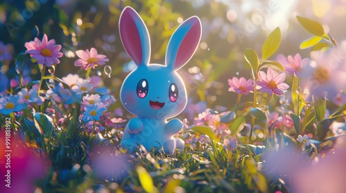 Playful Kawaii Japanese Mythical Creature in Blooming Field | Cute Ray Tracing Fantasy Character photo