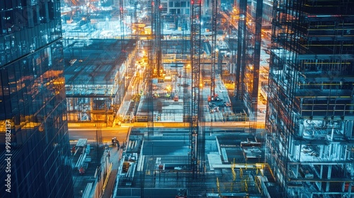 Nighttime Aerial View of Urban Construction Site with Skyscrapers