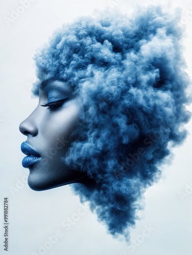 Frauenkopf umhüllt von blauem Rauch im surrealen Porträt, Woman's head enveloped in blue smoke in a surreal portrait photo