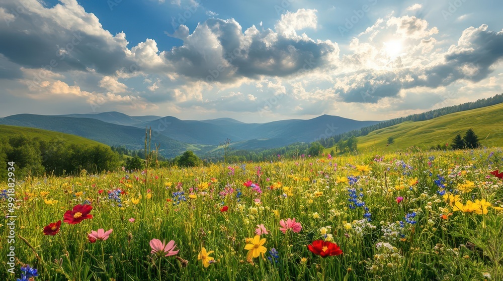 lush spring meadow bursting with vibrant wildflowers rolling hills in background soft sunlight filtering through puffy clouds creating a dreamy atmosphere lush spring meadow bursting with vibrant wildflowers rolling hills in background soft sunlight filtering through puffy clouds creating a dreamy atmosphere