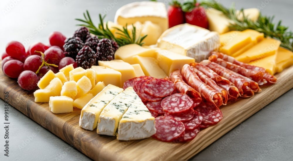 A vibrant cheese and charcuterie board featuring assorted meats, fruits, and herbs A vibrant cheese and charcuterie board featuring assorted meats, fruits, and herbs