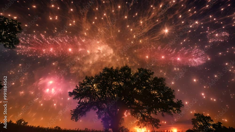 Majestic Tree Amidst Starlit Field, A breathtaking shower of stars bursting overhead in a firework display Majestic Tree Amidst Starlit Field, A breathtaking shower of stars bursting overhead in a firework display