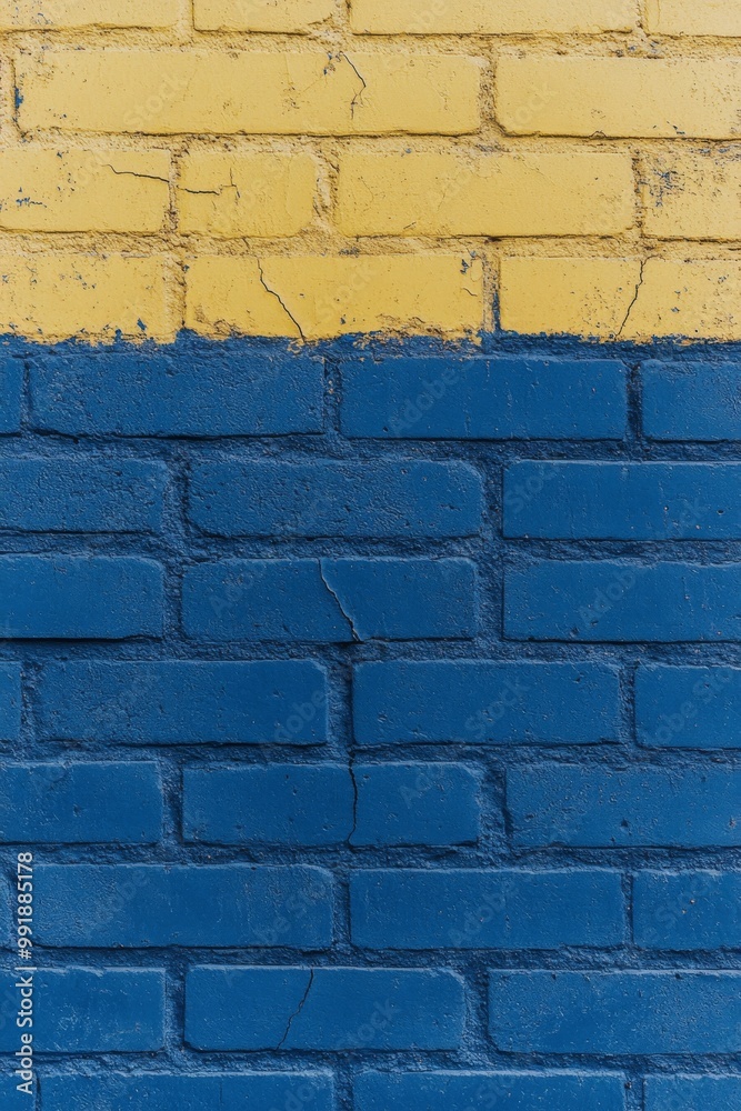 Fototapeta premium Brightly painted brick wall featuring yellow and blue sections in a vibrant urban setting