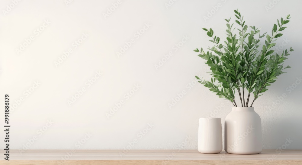 Small green plants in minimalist concrete pots on a wooden table with a clean white background Small green plants in minimalist concrete pots on a wooden table with a clean white background