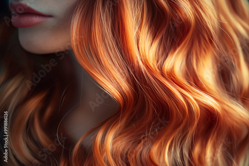 The striking orange-red hair flows elegantly with defined waves, capturing light beautifully. The focus is on the rich color and texture against a softly blurred background