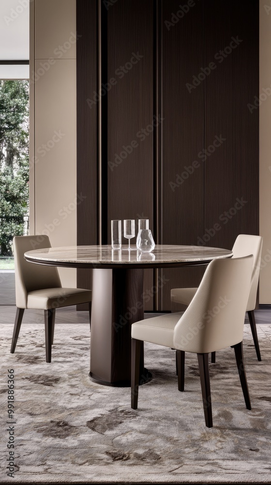 A stylish dining area showcases a round marble table with a wooden base, accompanied by four light beige armchairs on a floral rug under abundant natural light A stylish dining area showcases a round marble table with a wooden base, accompanied by four light beige armchairs on a floral rug under abundant natural light
