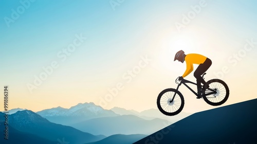 Mountain Biker Riding Downhill at Sunset