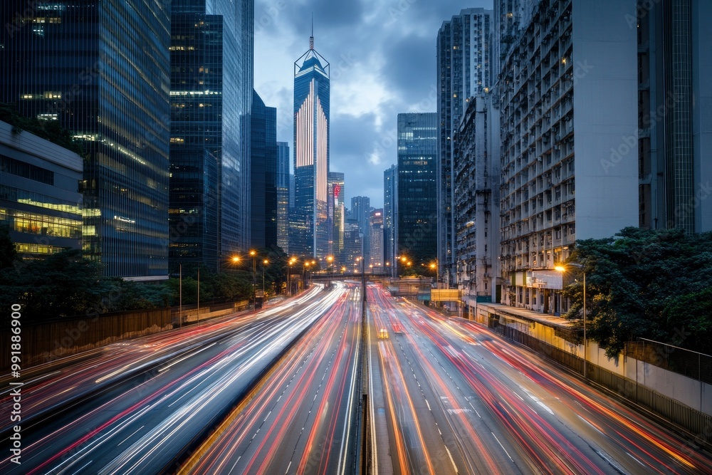 Naklejka premium Road in city with skyscrapers and car traffic light trails. Long exposure of evening rush hour with cars racing in and out of Downtown with generative ai