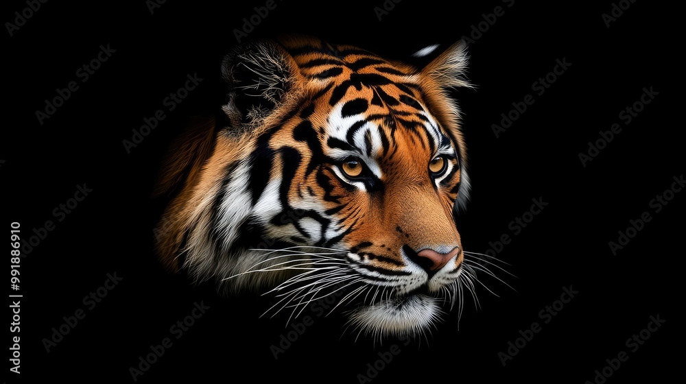 Fototapeta premium A tiger rests gracefully, highlighted by a dark background that accentuates its powerful form and vibrant fur colors.