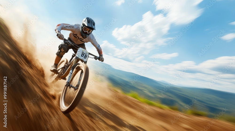 Mountain Biker Racing Through Dusty Trail Landscape Mountain Biker Racing Through Dusty Trail Landscape