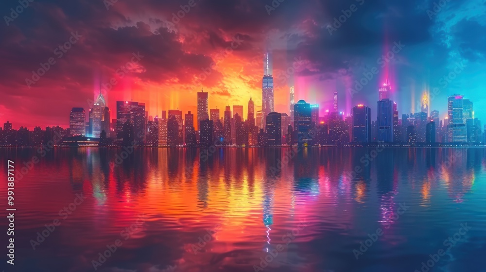 City Skyline with Colorful Sunset Reflections City Skyline with Colorful Sunset Reflections