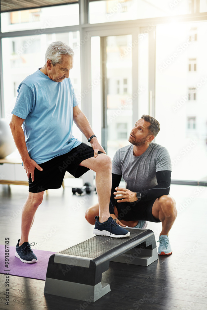Step, physiotherapy and man with mature patient for wellness, medical service and consulting. Healthcare, chiropractor and physical therapist with person for rehabilitation, recovery and mobility